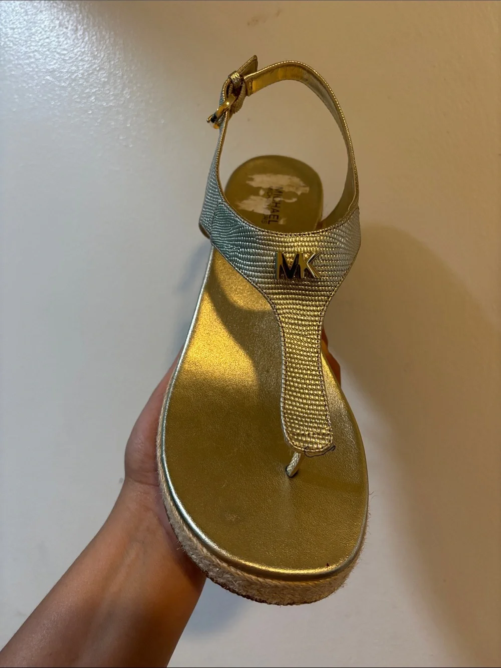 Michael Kors Gold Metallic Wedge Thong Sandals